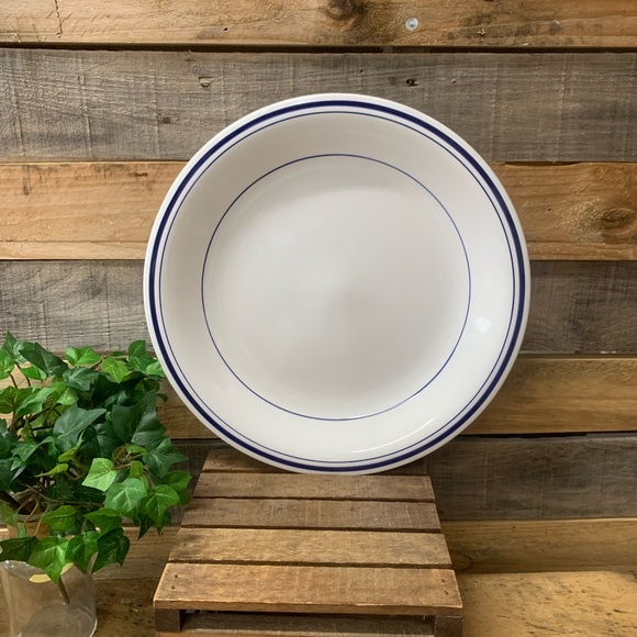 Round White with Blue Trim "At Home" Platter -  12” Round - Picture 1 of 5